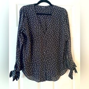Madewell silk black blouse with white stars and Tir sleeves